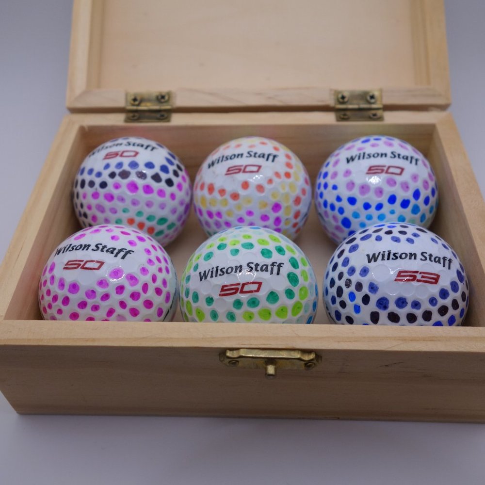 Set of Six(6) Pre-Loved Hand Designed Wilson Golf Balls with Wooden Box